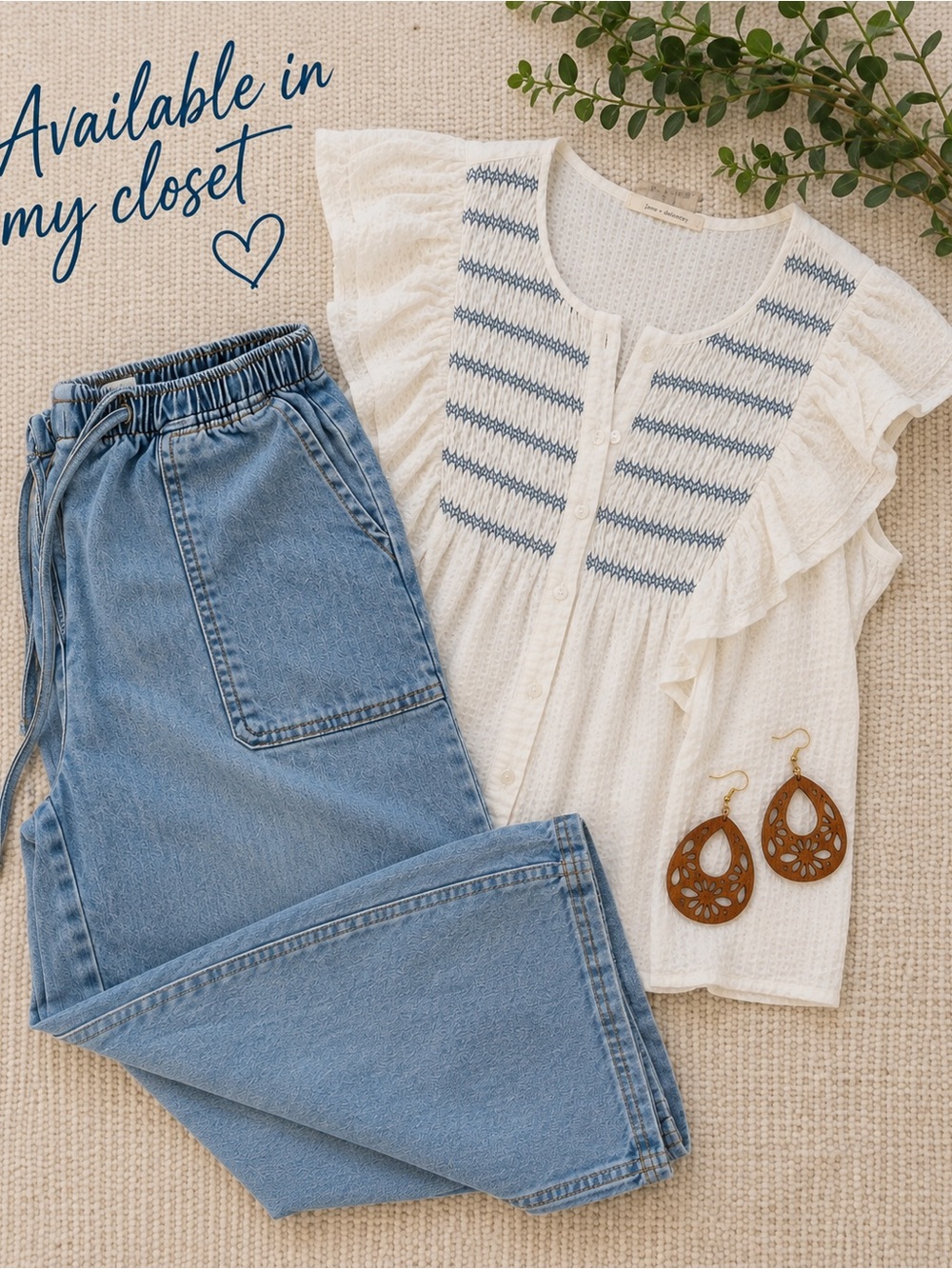 Medium Smocked Ruffle detail shirt top blouse blue white texture Jane + Delancey